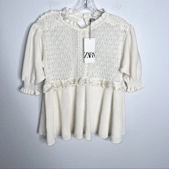 Zara Top Women Small Shirt Mixed Pointelle Cream Peplum Blouse Open Knit KK - Picture 1 of 10
